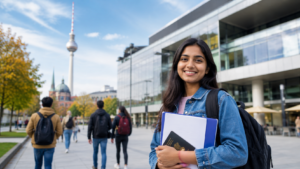 Indian student holding admission documents and passport in front of a modern German university campus, representing Germany Intake 2027 and study abroad opportunities for Indian students.
