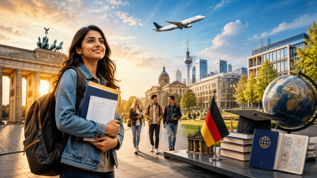 Best Overseas Education Consultancy for Germany Studies concept showing an Indian student with admission documents, German university campus, Brandenburg Gate, student visa, passport, graduation cap, and international education opportunities in Germany.