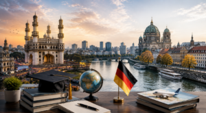 Hyderabad Charminar and Germany cityscape representing study abroad opportunities with graduation cap, books, globe, and travel elements for students planning higher education in Germany.