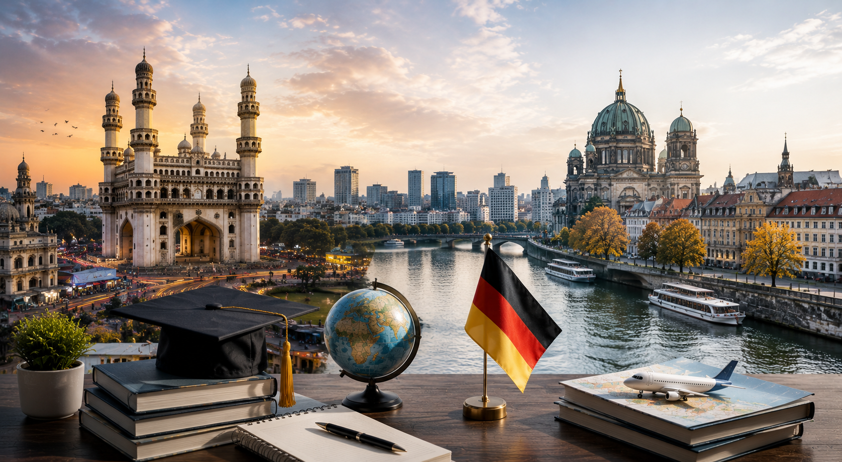 Hyderabad Charminar and Germany cityscape representing study abroad opportunities with graduation cap, books, globe, and travel elements for students planning higher education in Germany.