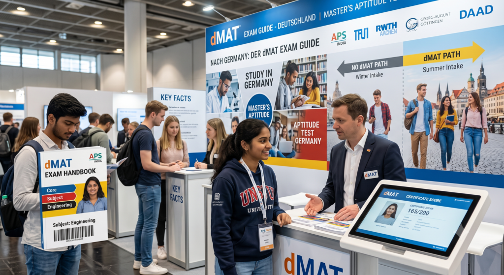 Indian student planning to study in Germany, featuring the Brandenburg Gate, German flag, books, graduation cap, airplane, and global education concept for Master's admissions and APS-dMAT guidance.