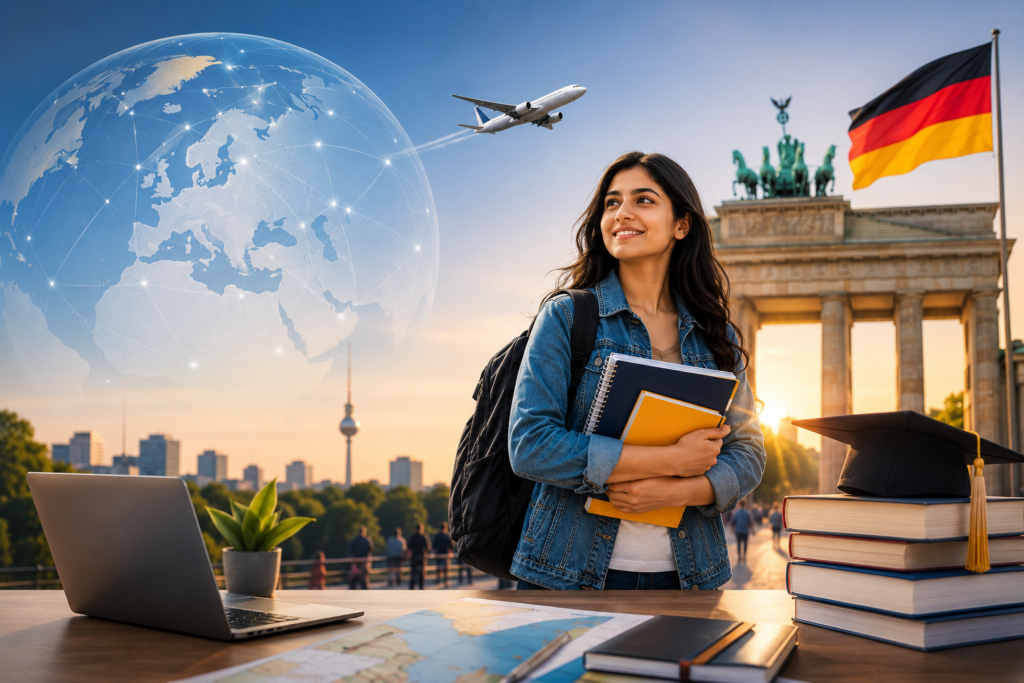 Indian student planning to study in Germany, featuring the Brandenburg Gate, German flag, books, graduation cap, airplane, and global education concept for Master's admissions and APS-dMAT guidance.
