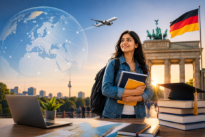 Indian student planning to study in Germany, featuring the Brandenburg Gate, German flag, books, graduation cap, airplane, and global education concept for Master's admissions and APS-dMAT guidance.