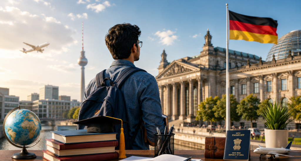 Indian student preparing to study in Germany with iconic German landmarks, university campus, passport, and study abroad concept.