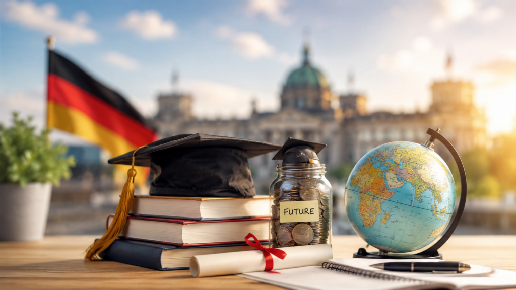 Germany scholarships for Indian students featuring graduation cap, books, scholarship savings jar, globe, diploma, and German landmarks representing affordable higher education opportunities in Germany.